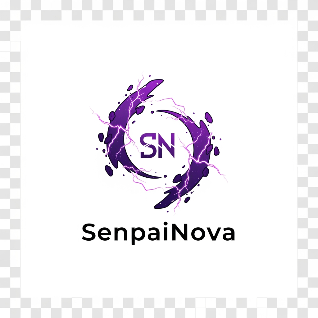 AI Design for Design a world-class logo for "SenpaiNova", featuring a unique abstract aura symbol formed from purple lightning and cosmic fragments, hidden SN monogram, minimal yet powerful, luxury anime organization branding, vector artwork, transparent background, 4K quality.