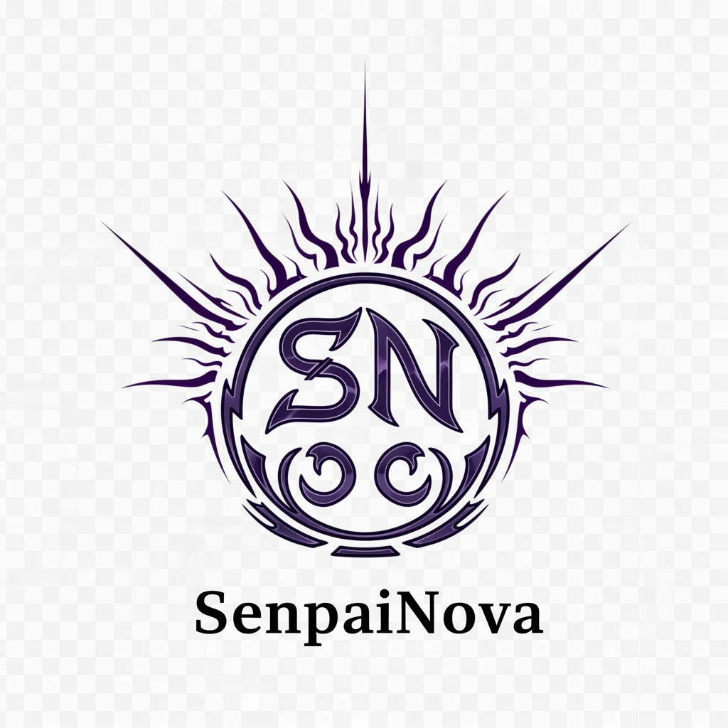 AI Design for Create a luxury anime organization logo for "SenpaiNova", featuring a modern Japanese clan crest fused with hidden SN initials, dark purple energy, elegant symmetrical design, anime monarch aesthetic, clean vector artwork, transparent background, 4K quality.