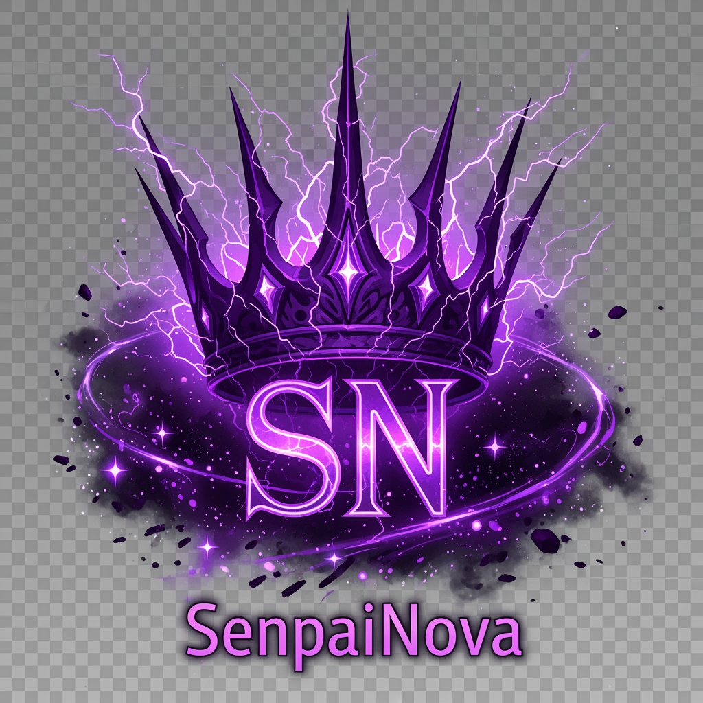 AI Design for Design a legendary anime logo for SenpaiNova inspired by dark monarch energy, featuring a crown made of purple lightning, glowing SN initials, cosmic particles, black and violet color scheme, ultra detailed vector design, transparent background.