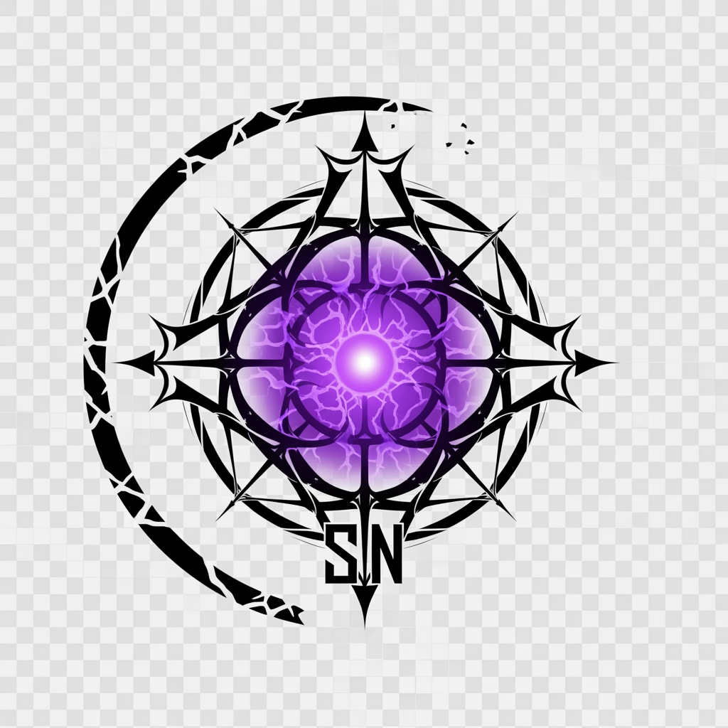 AI Design for Create a legendary anime organization emblem for "SenpaiNova", inspired by the presence and mystery of Akatsuki, Shadow Garden and Phantom Troupe, without copying any existing symbol. Design a completely original organization crest featuring a dark sacred sigil, broken celestial ring, forbidden purple energy, glowing violet core, hidden SN initials integrated into the symbol, black and deep purple color palette, intimidating yet elegant, ultra-clean vector artwork, symmetrical composition, iconic silhouette, luxury anime organization branding, transparent background, 4K quality.