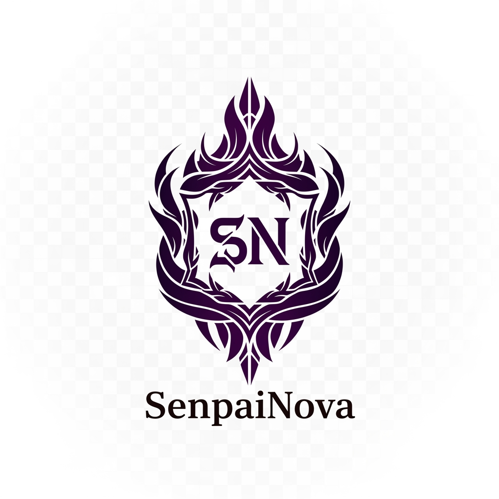 AI Design for Create a luxury anime organization logo for "SenpaiNova", featuring a modern Japanese clan crest fused with hidden SN initials, dark purple energy, elegant symmetrical design, anime monarch aesthetic, clean vector artwork, transparent background, 4K quality.