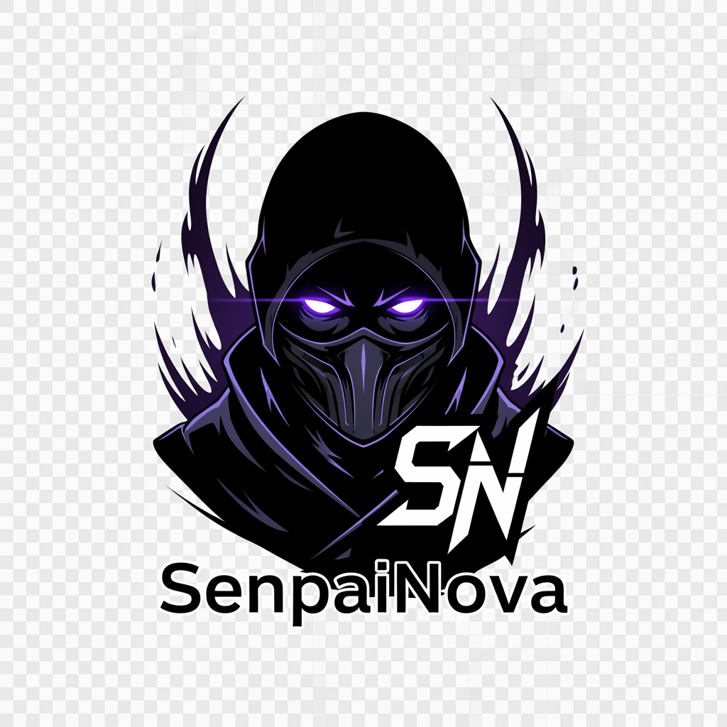 AI Design for Design an iconic anime logo for SenpaiNova featuring a masked warrior silhouette with glowing violet eyes, sharp SN emblem, dark aura effects, premium anime editing brand style, clean vector design, transparent background.