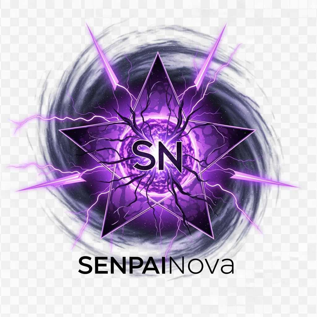 AI Design for Create an ultra-premium logo for "SenpaiNova", featuring a collapsing purple star at the center, hidden SN monogram formed by cosmic energy, dark galaxy aura, violet lightning, black and purple color palette, sharp symmetrical design, luxury anime brand identity, clean vector artwork, transparent background, 4K quality, iconic and futuristic.