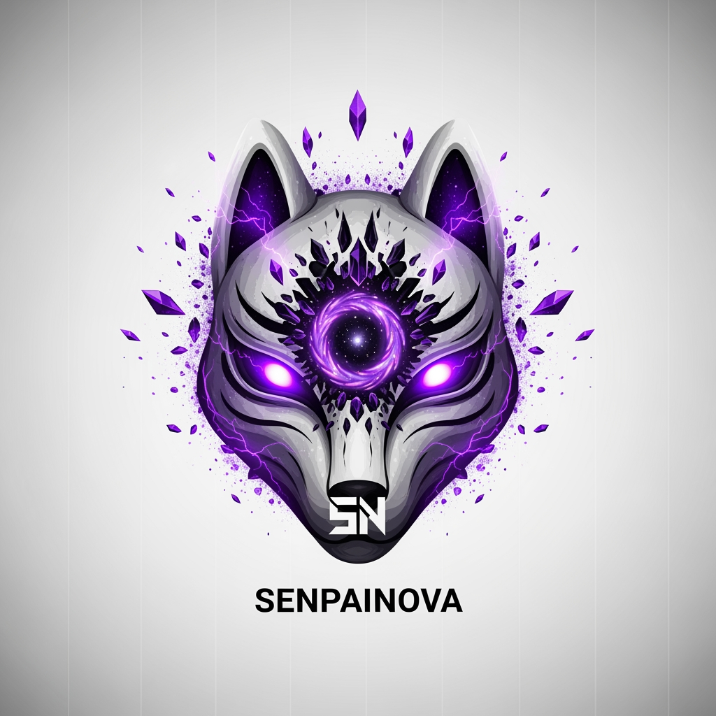 AI Design for Create a legendary anime organization logo for "SenpaiNova", featuring a celestial fox deity mask forged from cosmic energy, hidden SN monogram integrated seamlessly into the design, glowing violet eyes, dark galaxy core at the center, purple lightning storms, shattered crystal aura, divine anime monarch aesthetics, ultra sharp symmetrical composition, luxury esports and anime branding, clean vector artwork, transparent background, cinematic lighting, iconic silhouette, instantly recognizable from a distance, 4K quality.