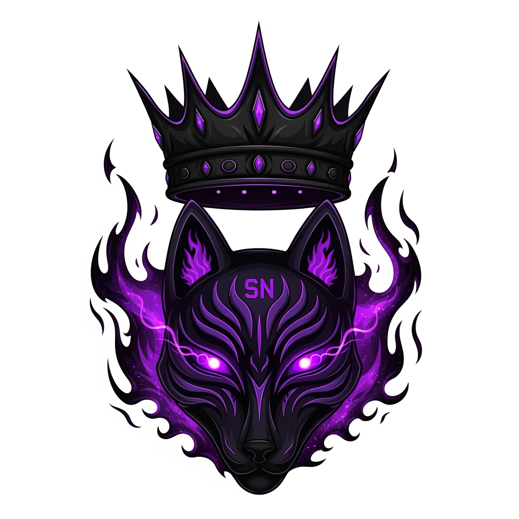 AI Design for Create an ultra-premium logo for "SenpaiNova", featuring a shadow monarch crown floating above a mystical fox spirit mask, glowing neon purple eyes, black and violet cosmic flames, hidden SN initials carved into the mask, dark anime aura, aggressive sharp edges, luxury anime organization branding, clean vector logo, transparent background, 4K, iconic and intimidating.