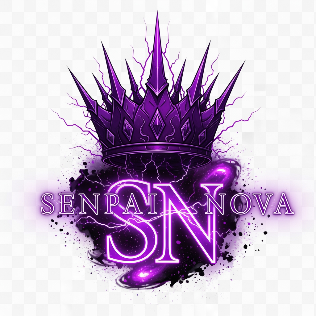 AI Design for Design a legendary anime logo for SenpaiNova inspired by dark monarch energy, featuring a crown made of purple lightning, glowing SN initials, cosmic particles, black and violet color scheme, ultra detailed vector design, transparent background.