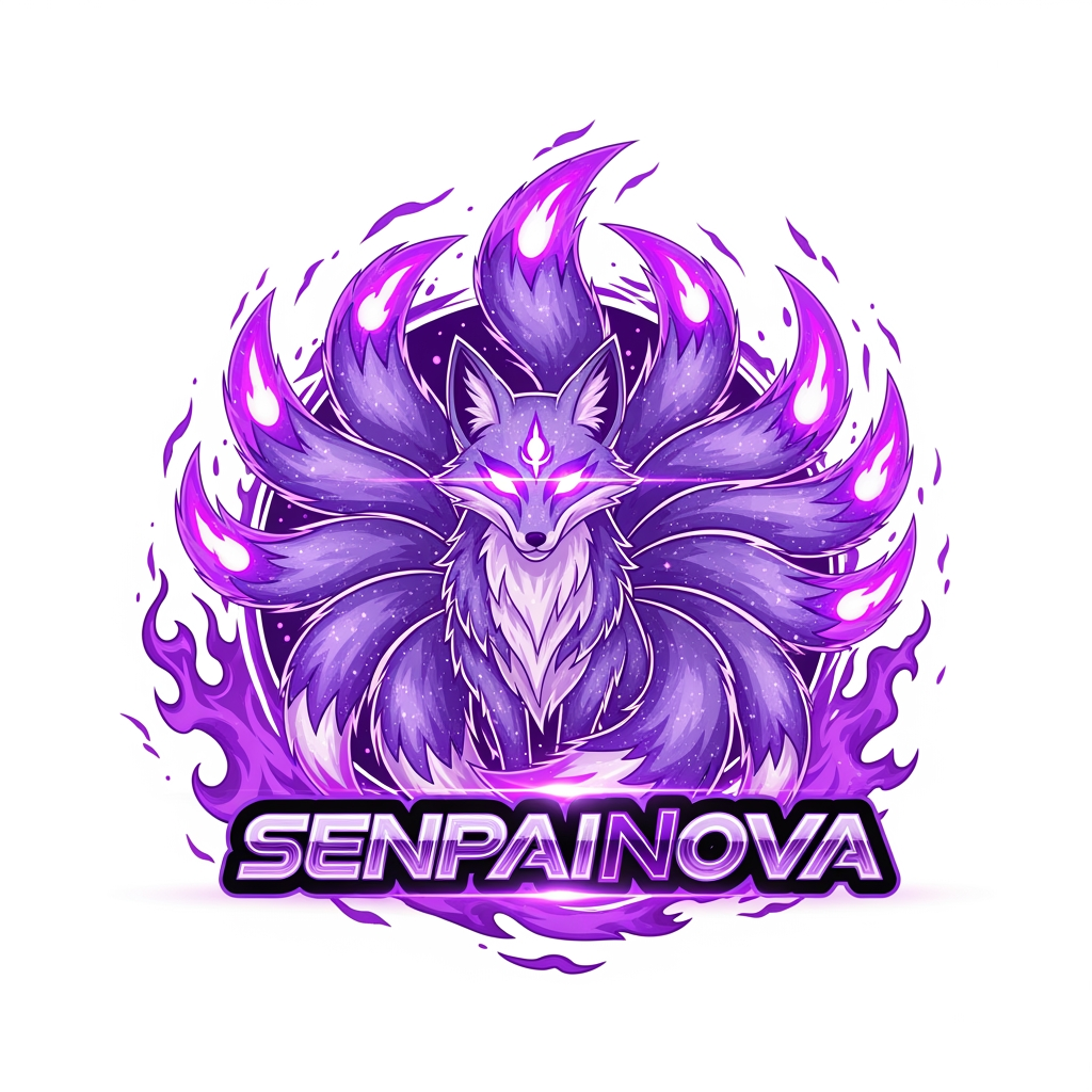 AI Design for Create a powerful anime emblem for SenpaiNova with a celestial fox surrounded by purple flames and aura, futuristic typography, glowing eyes, premium gaming and anime brand identity, clean vector artwork, transparent background.