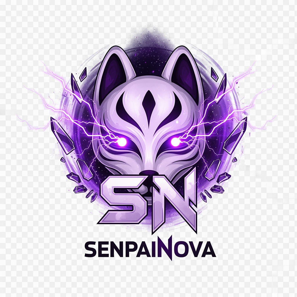 AI Design for Create an ultra-premium logo for "SenpaiNova", featuring a mystical fox spirit mask merged with the letters SN, glowing neon purple eyes, dark cosmic aura, violet lightning, shattered energy effects, luxury anime branding, symmetrical composition, sharp aggressive details, clean vector artwork, transparent background, 4K quality, iconic and instantly recognizable like a top anime organization logo.
