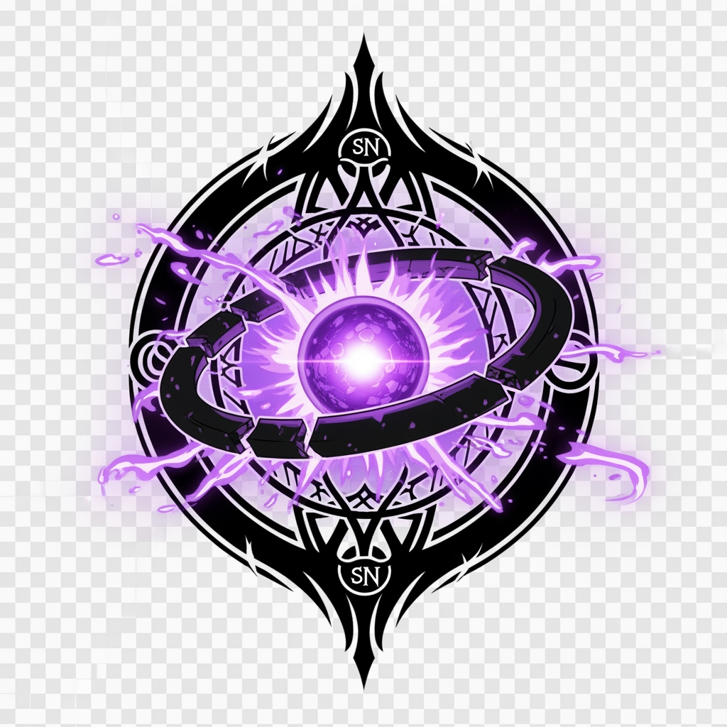 AI Design for Create a legendary anime organization emblem for "SenpaiNova", inspired by the presence and mystery of Akatsuki, Shadow Garden and Phantom Troupe, without copying any existing symbol. Design a completely original organization crest featuring a dark sacred sigil, broken celestial ring, forbidden purple energy, glowing violet core, hidden SN initials integrated into the symbol, black and deep purple color palette, intimidating yet elegant, ultra-clean vector artwork, symmetrical composition, iconic silhouette, luxury anime organization branding, transparent background, 4K quality.