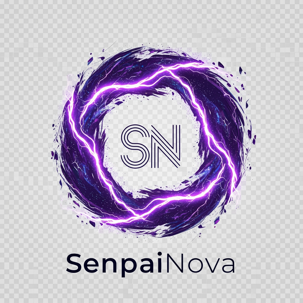 AI Design for Design a world-class logo for "SenpaiNova", featuring a unique abstract aura symbol formed from purple lightning and cosmic fragments, hidden SN monogram, minimal yet powerful, luxury anime organization branding, vector artwork, transparent background, 4K quality.