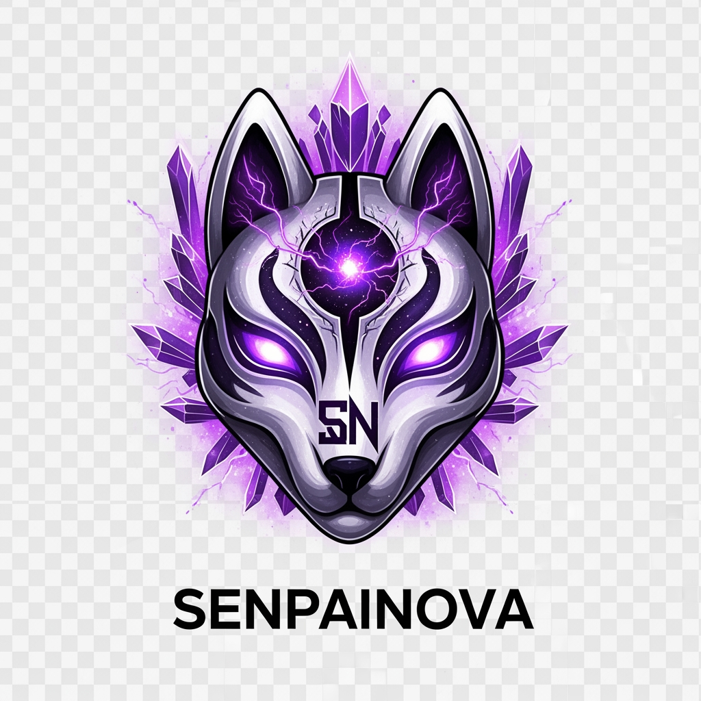 AI Design for Create a legendary anime organization logo for "SenpaiNova", featuring a celestial fox deity mask forged from cosmic energy, hidden SN monogram integrated seamlessly into the design, glowing violet eyes, dark galaxy core at the center, purple lightning storms, shattered crystal aura, divine anime monarch aesthetics, ultra sharp symmetrical composition, luxury esports and anime branding, clean vector artwork, transparent background, cinematic lighting, iconic silhouette, instantly recognizable from a distance, 4K quality.