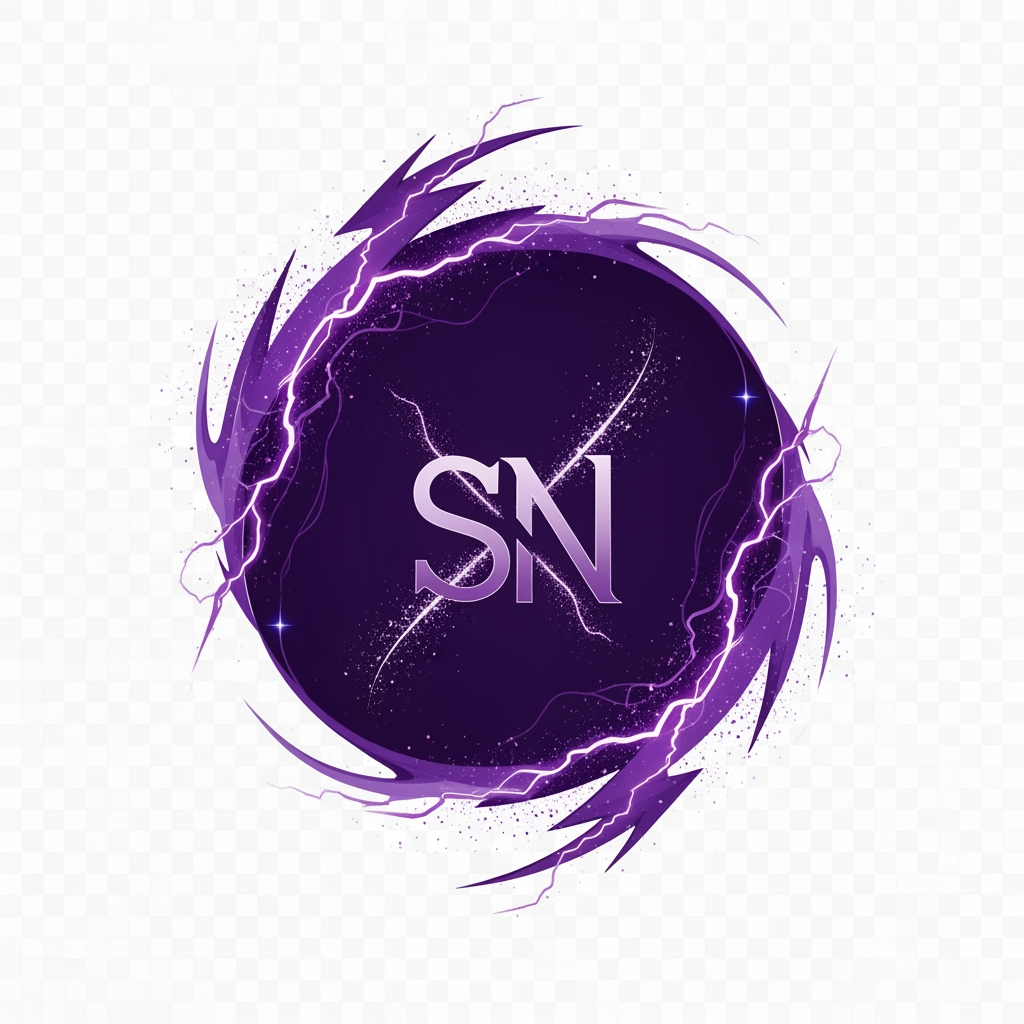 AI Design for Design a world-class logo for "SenpaiNova", featuring a unique abstract aura symbol formed from purple lightning and cosmic fragments, hidden SN monogram, minimal yet powerful, luxury anime organization branding, vector artwork, transparent background, 4K quality.