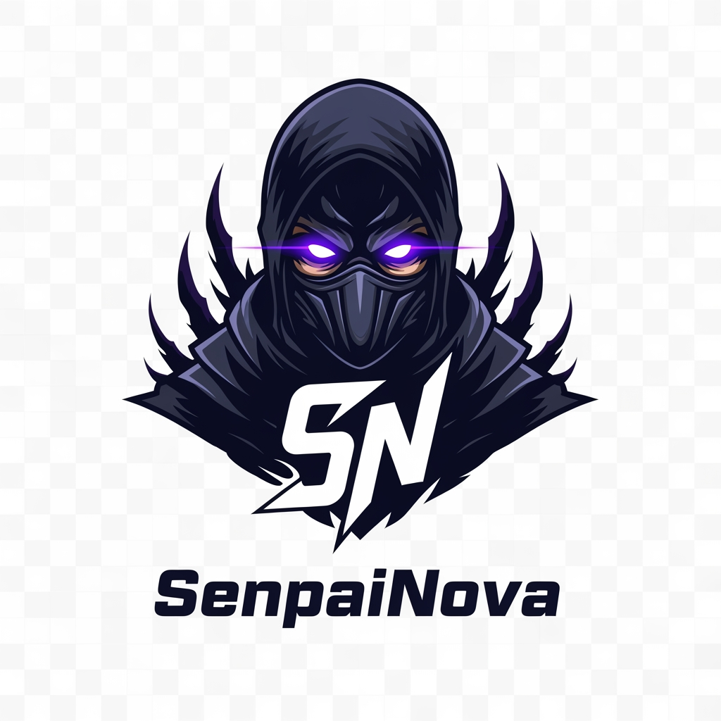 AI Design for Design an iconic anime logo for SenpaiNova featuring a masked warrior silhouette with glowing violet eyes, sharp SN emblem, dark aura effects, premium anime editing brand style, clean vector design, transparent background.