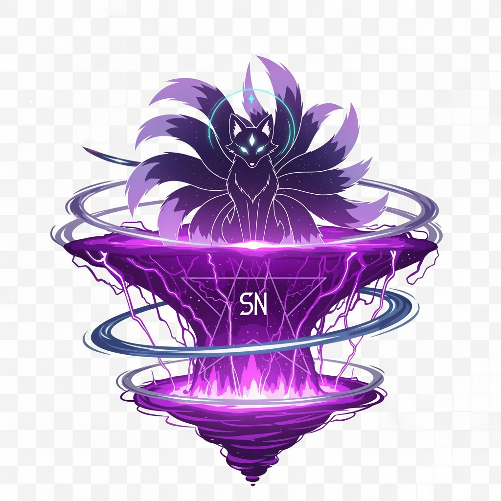 AI Design for Design a world-class anime brand logo for "SenpaiNova", featuring an ancient celestial fox spirit emerging from a collapsing purple star, SN monogram hidden within the cosmic structure, violet lightning, galaxy energy rings, divine aura, luxury anime identity, minimalist yet powerful silhouette, clean vector artwork, transparent background, highly memorable and premium.