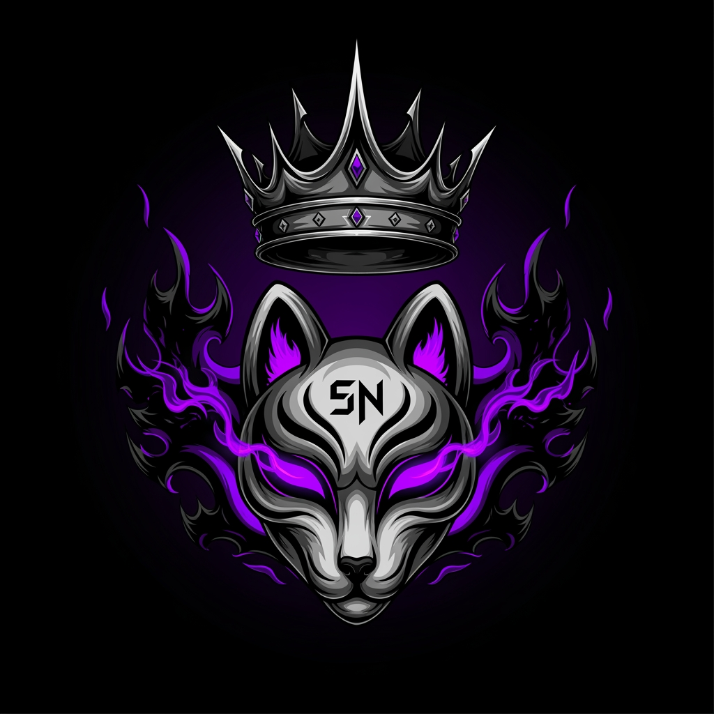 AI Design for Create an ultra-premium logo for "SenpaiNova", featuring a shadow monarch crown floating above a mystical fox spirit mask, glowing neon purple eyes, black and violet cosmic flames, hidden SN initials carved into the mask, dark anime aura, aggressive sharp edges, luxury anime organization branding, clean vector logo, transparent background, 4K, iconic and intimidating.