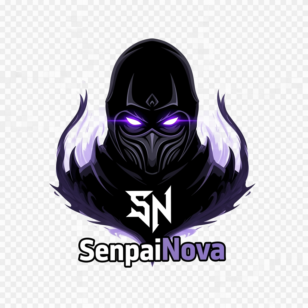 AI Design for Design an iconic anime logo for SenpaiNova featuring a masked warrior silhouette with glowing violet eyes, sharp SN emblem, dark aura effects, premium anime editing brand style, clean vector design, transparent background.