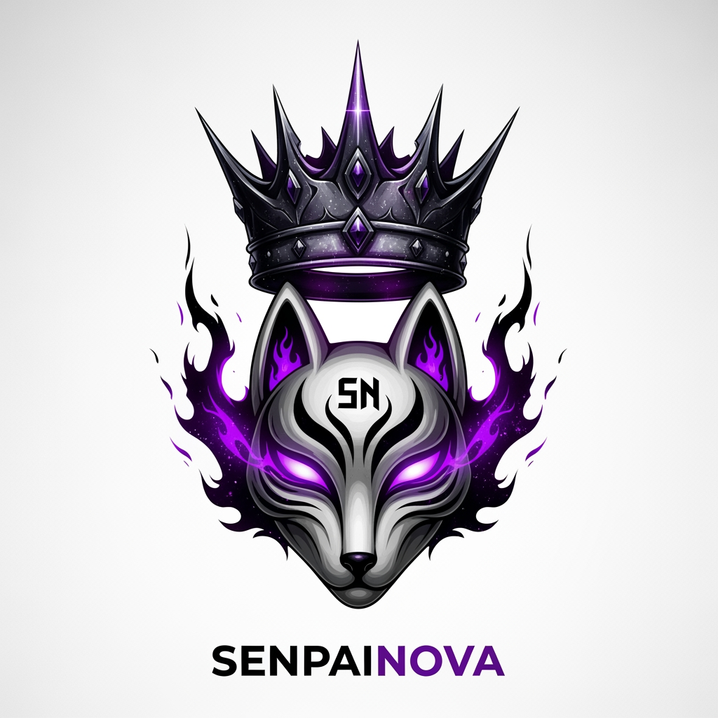 AI Design for Create an ultra-premium logo for "SenpaiNova", featuring a shadow monarch crown floating above a mystical fox spirit mask, glowing neon purple eyes, black and violet cosmic flames, hidden SN initials carved into the mask, dark anime aura, aggressive sharp edges, luxury anime organization branding, clean vector logo, transparent background, 4K, iconic and intimidating.