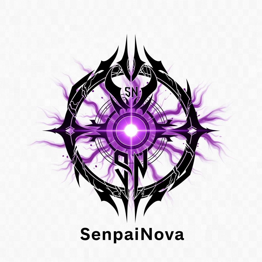 AI Design for Create a legendary anime organization emblem for "SenpaiNova", inspired by the presence and mystery of Akatsuki, Shadow Garden and Phantom Troupe, without copying any existing symbol. Design a completely original organization crest featuring a dark sacred sigil, broken celestial ring, forbidden purple energy, glowing violet core, hidden SN initials integrated into the symbol, black and deep purple color palette, intimidating yet elegant, ultra-clean vector artwork, symmetrical composition, iconic silhouette, luxury anime organization branding, transparent background, 4K quality.