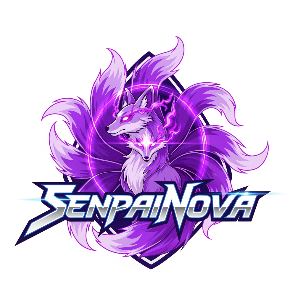 AI Design for Create a powerful anime emblem for SenpaiNova with a celestial fox surrounded by purple flames and aura, futuristic typography, glowing eyes, premium gaming and anime brand identity, clean vector artwork, transparent background.