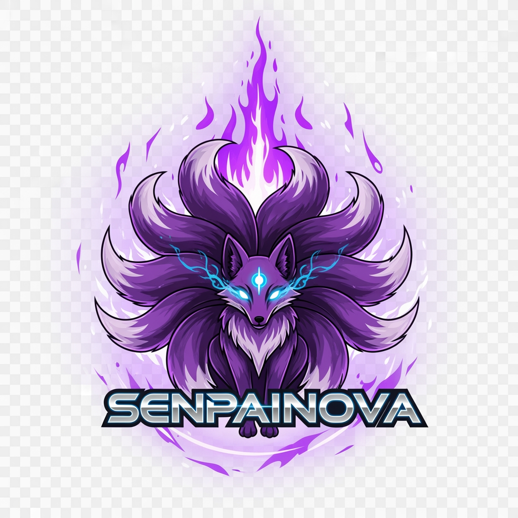 AI Design for Create a powerful anime emblem for SenpaiNova with a celestial fox surrounded by purple flames and aura, futuristic typography, glowing eyes, premium gaming and anime brand identity, clean vector artwork, transparent background.
