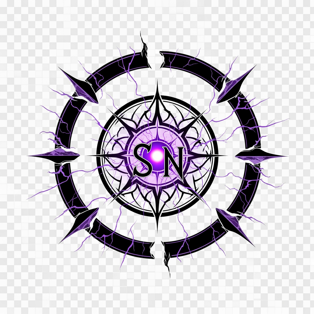 AI Design for Create a legendary anime organization emblem for "SenpaiNova", inspired by the presence and mystery of Akatsuki, Shadow Garden and Phantom Troupe, without copying any existing symbol. Design a completely original organization crest featuring a dark sacred sigil, broken celestial ring, forbidden purple energy, glowing violet core, hidden SN initials integrated into the symbol, black and deep purple color palette, intimidating yet elegant, ultra-clean vector artwork, symmetrical composition, iconic silhouette, luxury anime organization branding, transparent background, 4K quality.