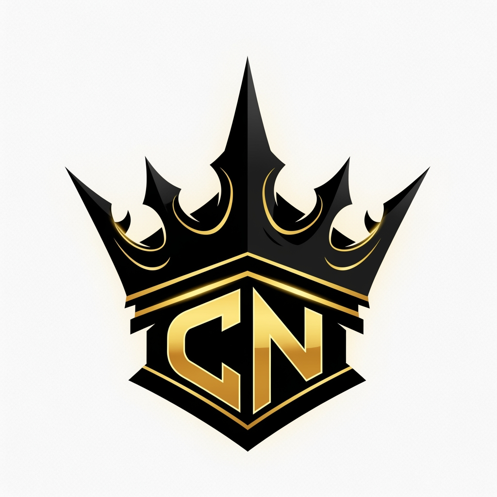AI Design for Create a premium esports logo for "Clutch Nation", featuring a bold CN monogram fused into a sharp crown, black and gold color scheme, aggressive modern esports style, glowing golden accents, clean vector design, symmetrical composition, ultra detailed, suitable for YouTube, esports organization branding, transparent background, 4K.