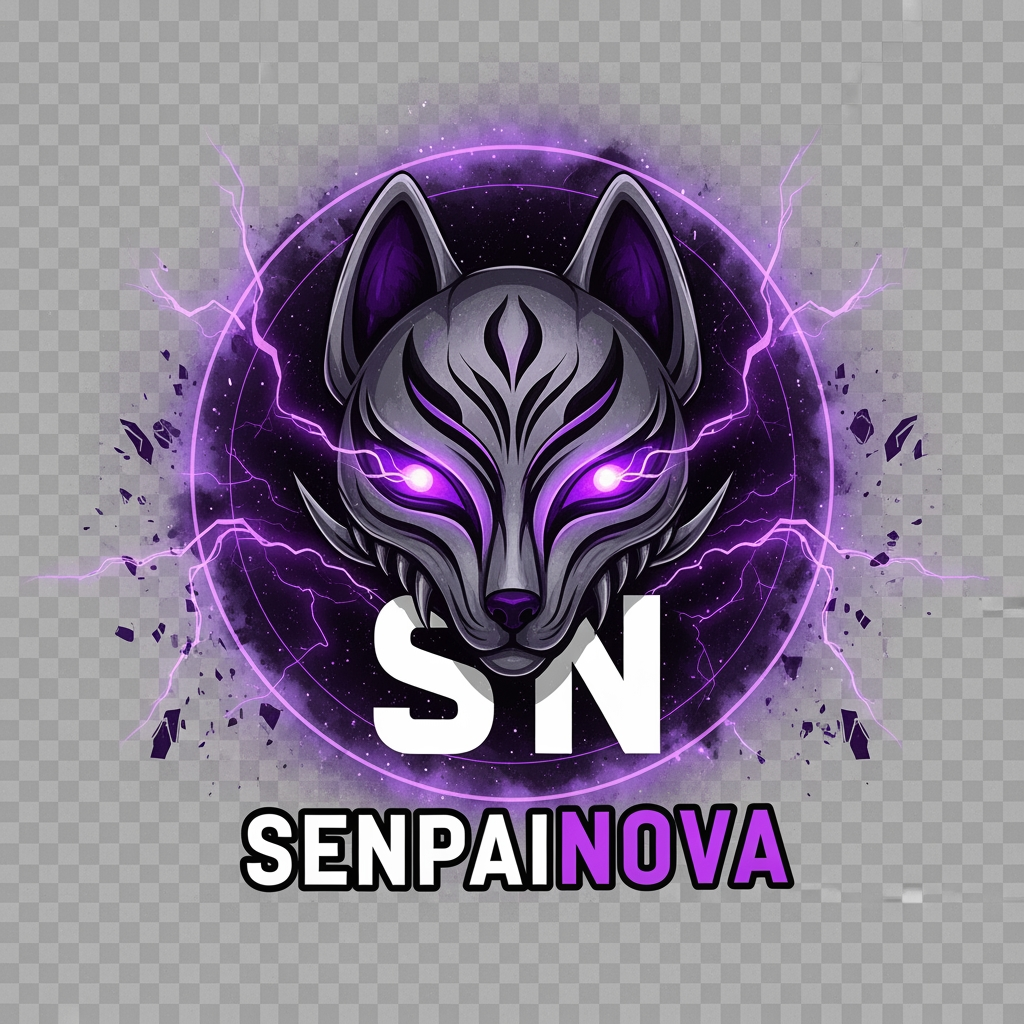 AI Design for Create an ultra-premium logo for "SenpaiNova", featuring a mystical fox spirit mask merged with the letters SN, glowing neon purple eyes, dark cosmic aura, violet lightning, shattered energy effects, luxury anime branding, symmetrical composition, sharp aggressive details, clean vector artwork, transparent background, 4K quality, iconic and instantly recognizable like a top anime organization logo.