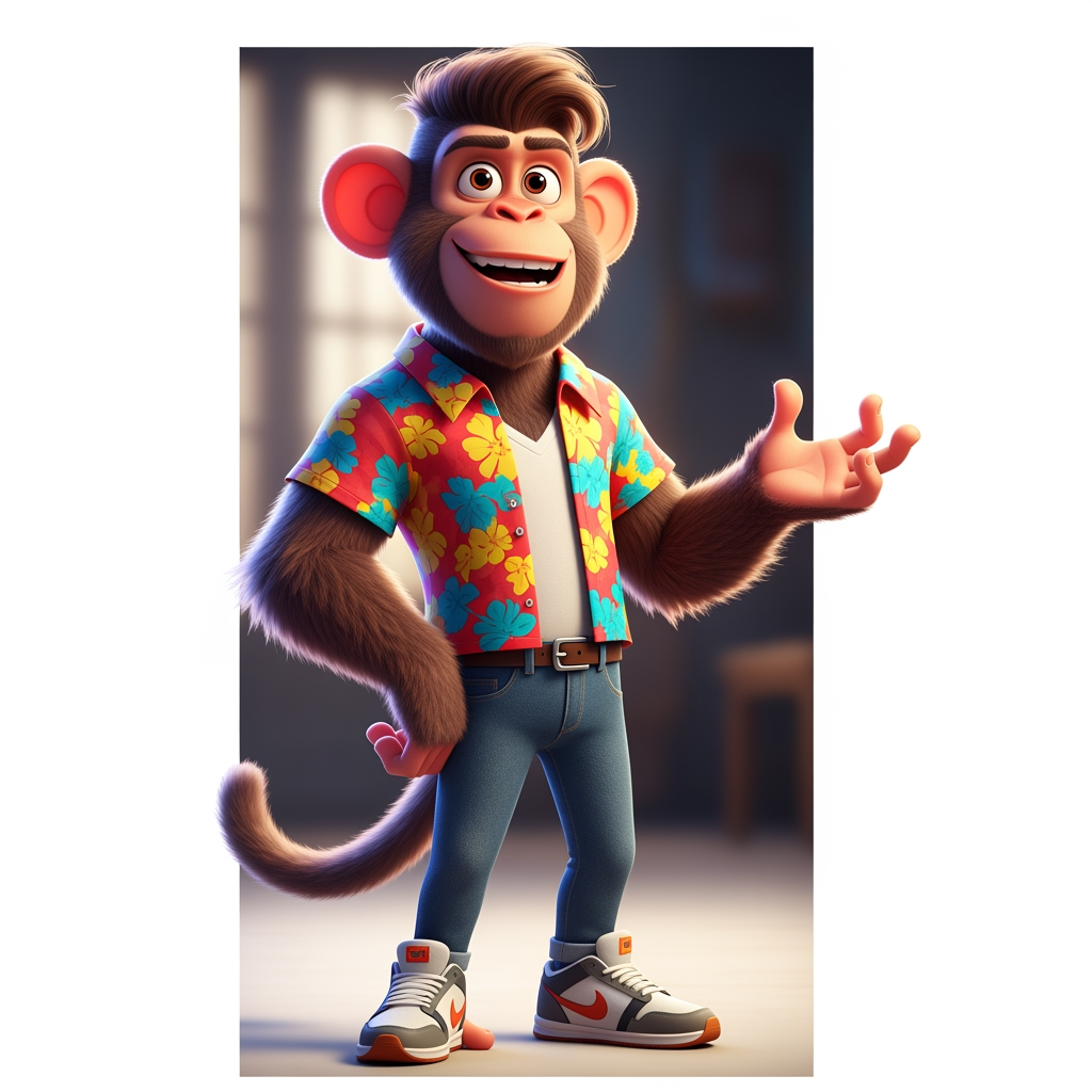 AI Design for A funny anthropomorphic monkey, standing like a human, wearing a colorful shirt, blue jeans, and sneakers, expressive face, large friendly eyes, stylish medium-length hair on head, smiling, talking with hand gestures, confident and energetic personality, cartoon 3D animation style, Pixar-quality, detailed fur, cinematic lighting, vibrant colors, full body, human-like posture, social media influencer look, highly expressive emotions, clean background, ultra HD.