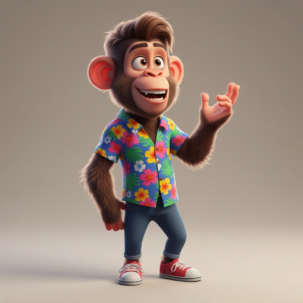 AI Design for A funny anthropomorphic monkey, standing like a human, wearing a colorful shirt, blue jeans, and sneakers, expressive face, large friendly eyes, stylish medium-length hair on head, smiling, talking with hand gestures, confident and energetic personality, cartoon 3D animation style, Pixar-quality, detailed fur, cinematic lighting, vibrant colors, full body, human-like posture, social media influencer look, highly expressive emotions, clean background, ultra HD.