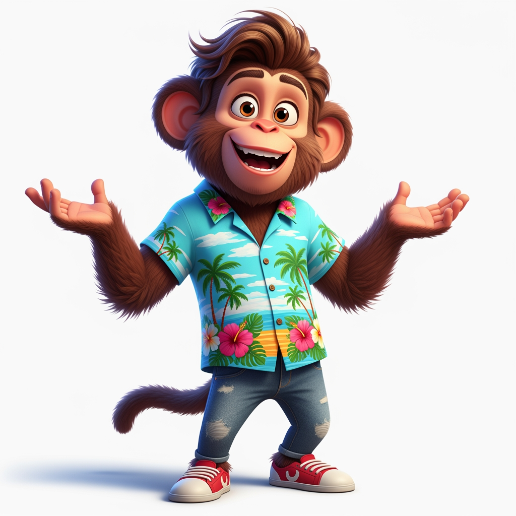 AI Design for A funny anthropomorphic monkey, standing like a human, wearing a colorful shirt, blue jeans, and sneakers, expressive face, large friendly eyes, stylish medium-length hair on head, smiling, talking with hand gestures, confident and energetic personality, cartoon 3D animation style, Pixar-quality, detailed fur, cinematic lighting, vibrant colors, full body, human-like posture, social media influencer look, highly expressive emotions, clean background, ultra HD.
