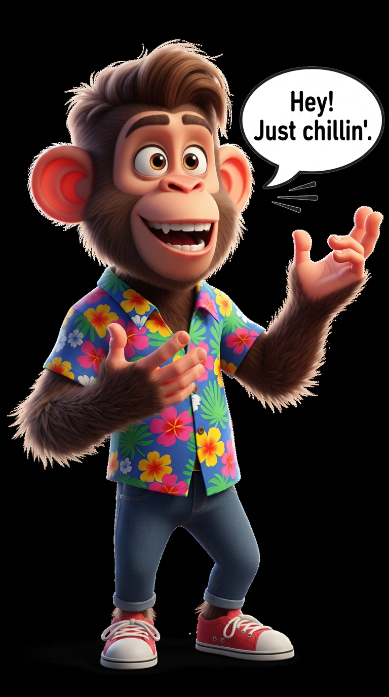AI Design for A funny anthropomorphic monkey, standing like a human, wearing a colorful shirt, blue jeans, and sneakers, expressive face, large friendly eyes, stylish medium-length hair on head, smiling, talking with hand gestures, confident and energetic personality, cartoon 3D animation style, Pixar-quality, detailed fur, cinematic lighting, vibrant colors, full body, human-like posture, social media influencer look, highly expressive emotions, clean background, ultra HD.