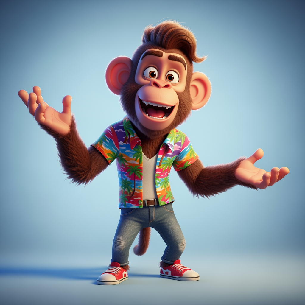 AI Design for A funny anthropomorphic monkey, standing like a human, wearing a colorful shirt, blue jeans, and sneakers, expressive face, large friendly eyes, stylish medium-length hair on head, smiling, talking with hand gestures, confident and energetic personality, cartoon 3D animation style, Pixar-quality, detailed fur, cinematic lighting, vibrant colors, full body, human-like posture, social media influencer look, highly expressive emotions, clean background, ultra HD.