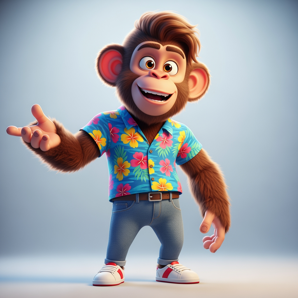 AI Design for A funny anthropomorphic monkey, standing like a human, wearing a colorful shirt, blue jeans, and sneakers, expressive face, large friendly eyes, stylish medium-length hair on head, smiling, talking with hand gestures, confident and energetic personality, cartoon 3D animation style, Pixar-quality, detailed fur, cinematic lighting, vibrant colors, full body, human-like posture, social media influencer look, highly expressive emotions, clean background, ultra HD.