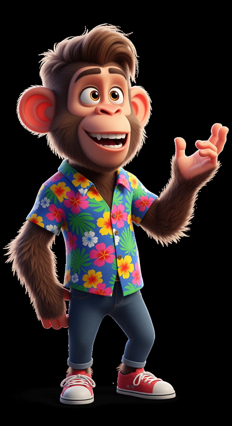 AI Design for A funny anthropomorphic monkey, standing like a human, wearing a colorful shirt, blue jeans, and sneakers, expressive face, large friendly eyes, stylish medium-length hair on head, smiling, talking with hand gestures, confident and energetic personality, cartoon 3D animation style, Pixar-quality, detailed fur, cinematic lighting, vibrant colors, full body, human-like posture, social media influencer look, highly expressive emotions, clean background, ultra HD.