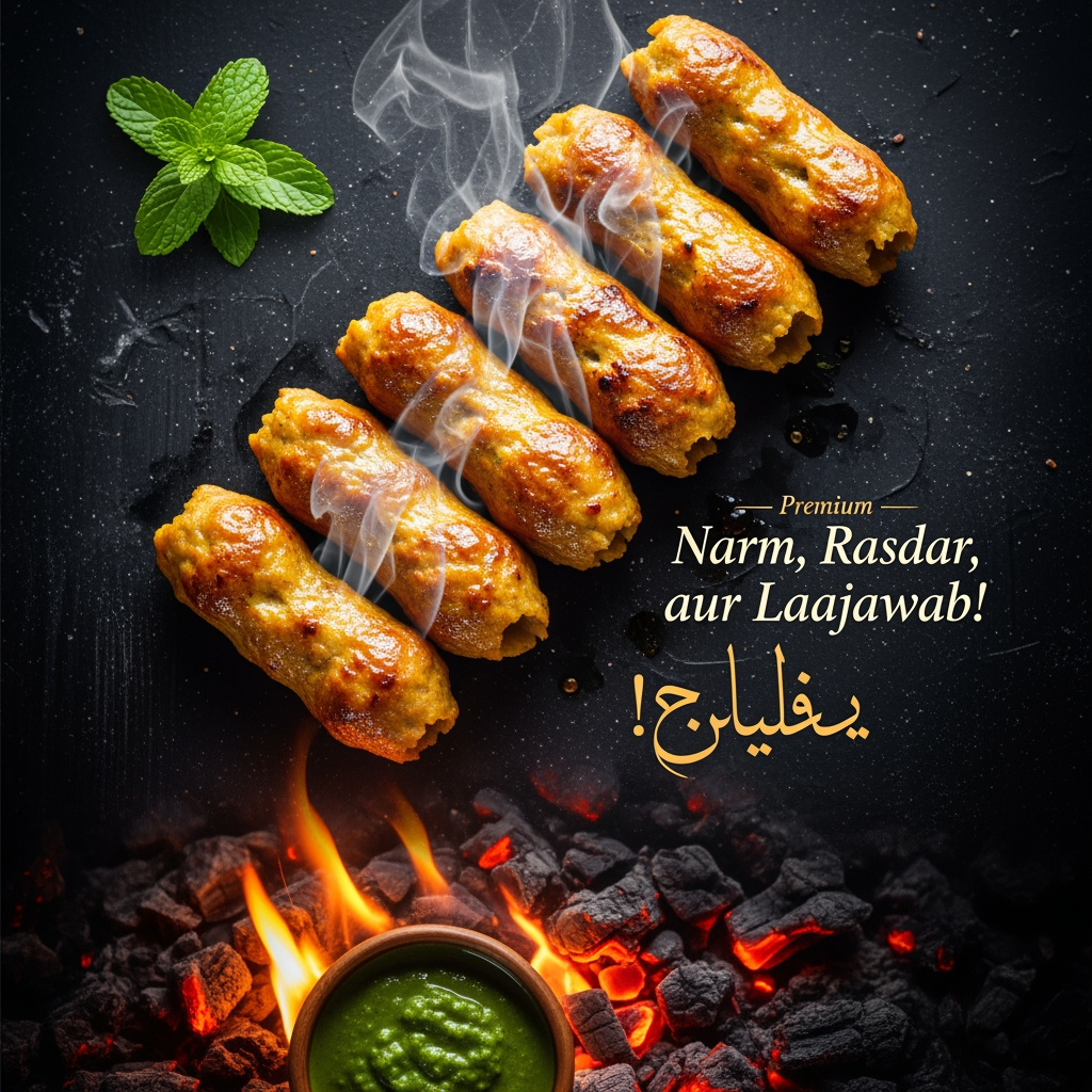 AI Design for “Stylish food poster featuring golden-brown Reshmi Kababs with steam rising, dark textured background, glowing embers, and elegant Urdu tagline ‘Narm, Rasdar, aur Laajawab!’ Add mint leaves and chutney bowl for freshness. Premium typography, vibrant color balance, 1080×1350 layout.”