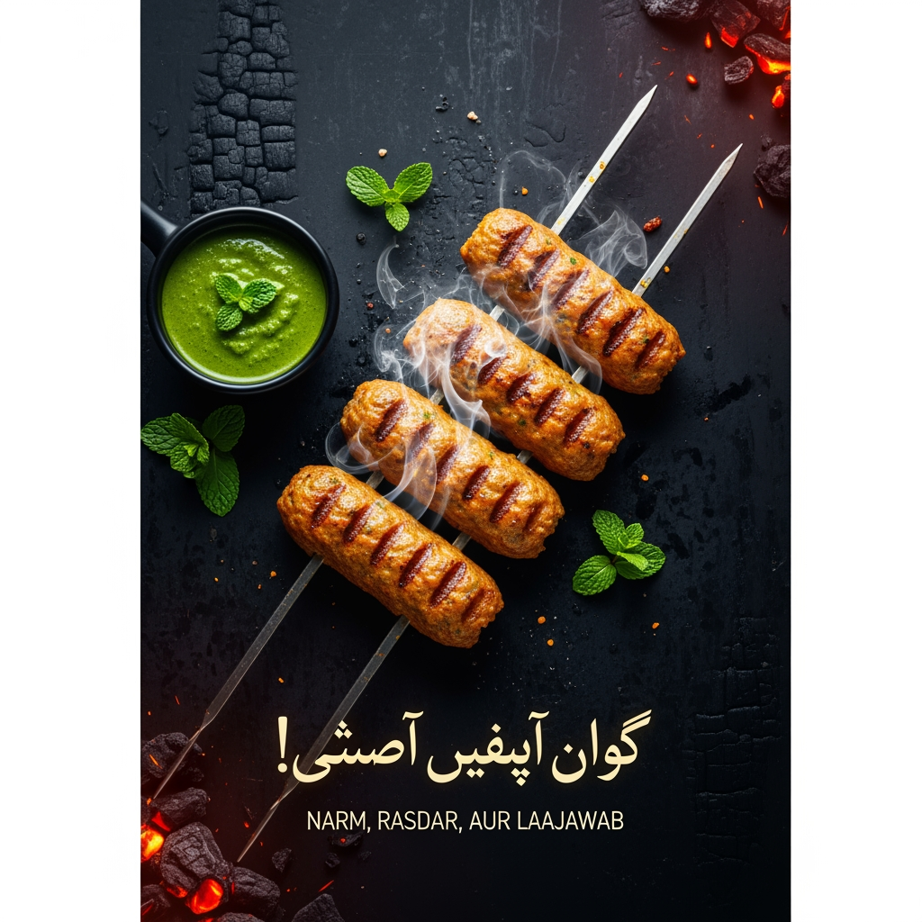 AI Design for “Stylish food poster featuring golden-brown Reshmi Kababs with steam rising, dark textured background, glowing embers, and elegant Urdu tagline ‘Narm, Rasdar, aur Laajawab!’ Add mint leaves and chutney bowl for freshness. Premium typography, vibrant color balance, 1080×1350 layout.”