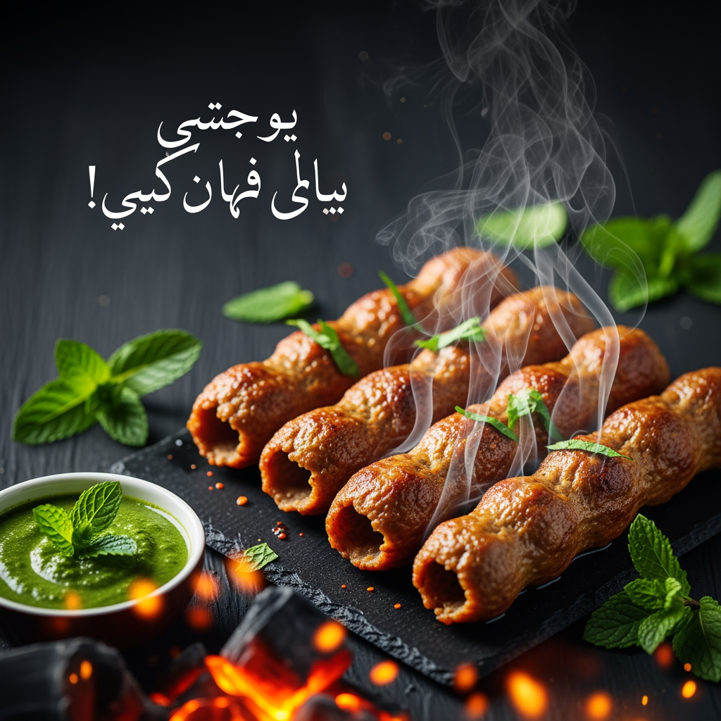 AI Design for “Stylish food poster featuring golden-brown Reshmi Kababs with steam rising, dark textured background, glowing embers, and elegant Urdu tagline ‘Narm, Rasdar, aur Laajawab!’ Add mint leaves and chutney bowl for freshness. Premium typography, vibrant color balance, 1080×1350 layout.”