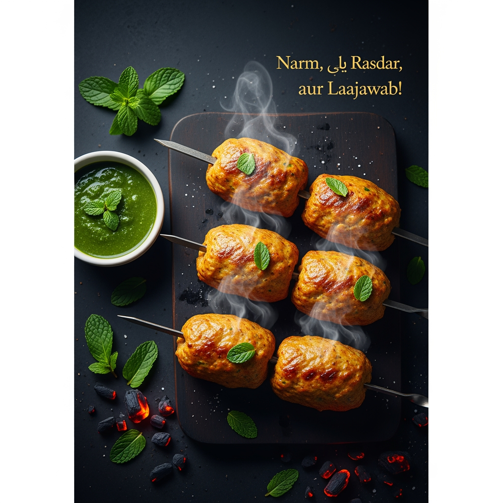 AI Design for “Stylish food poster featuring golden-brown Reshmi Kababs with steam rising, dark textured background, glowing embers, and elegant Urdu tagline ‘Narm, Rasdar, aur Laajawab!’ Add mint leaves and chutney bowl for freshness. Premium typography, vibrant color balance, 1080×1350 layout.”