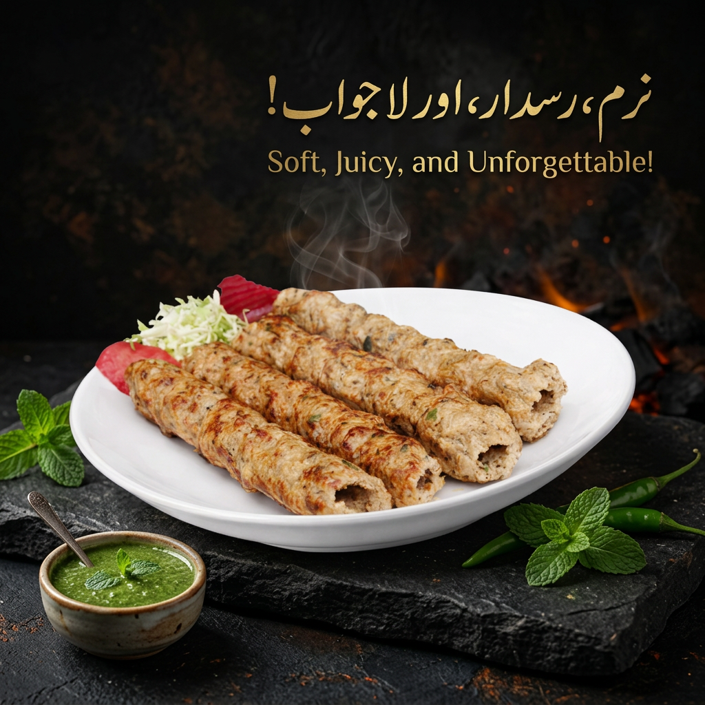 AI Design for “Stylish food poster featuring golden-brown Reshmi Kababs with steam rising, dark textured background, glowing embers, and elegant Urdu tagline ‘Narm, Rasdar, aur Laajawab!’ Add mint leaves and chutney bowl for freshness. Premium typography, vibrant color balance, 1080×1350 layout.”