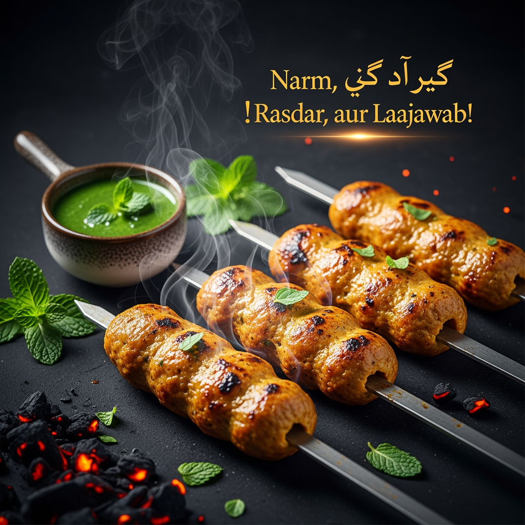 AI Design for “Stylish food poster featuring golden-brown Reshmi Kababs with steam rising, dark textured background, glowing embers, and elegant Urdu tagline ‘Narm, Rasdar, aur Laajawab!’ Add mint leaves and chutney bowl for freshness. Premium typography, vibrant color balance, 1080×1350 layout.”