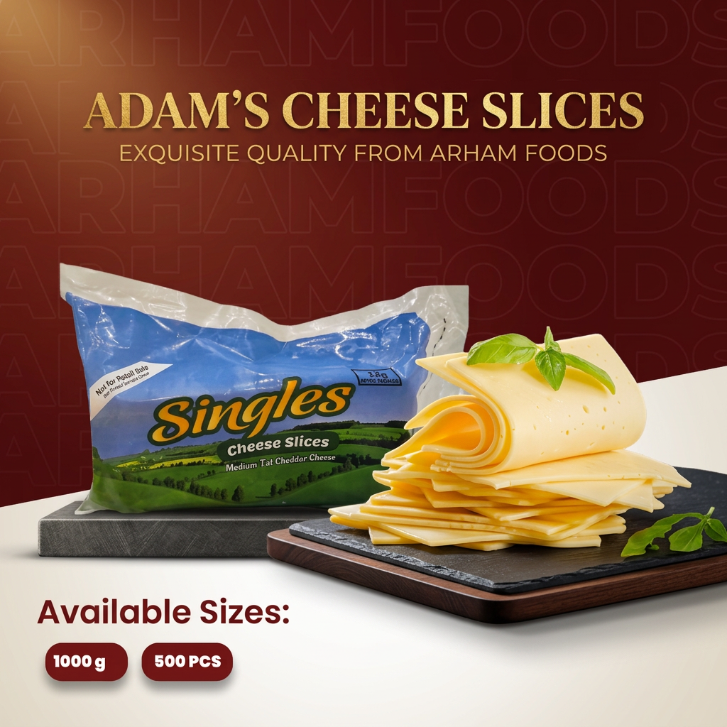 AI Design for Premium Food Advertisement Poster for Arham Foods — Adam’s Cheese Slices.
Portrait size 1080x1350 JPG.
Luxury food branding style, modern commercial advertisement, high-end restaurant quality.
Dark maroon background with subtle pattern, cinematic warm lighting.
Center: Adam’s Cheese Slices pack with stacked slices and basil garnish.
Bottom: “Available Sizes: 1000 g | 500 PCS” in clean modern font.
Golden/amber highlights for premium feel, realistic shadows and reflections.
Social media ready, ultra-HD quality, professional advertising design.
