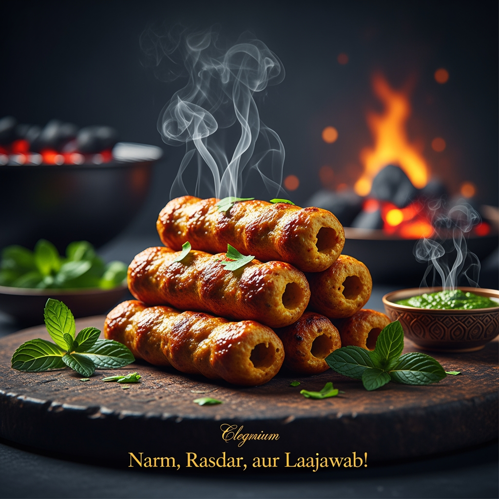 AI Design for “Stylish food poster featuring golden-brown Reshmi Kababs with steam rising, dark textured background, glowing embers, and elegant Urdu tagline ‘Narm, Rasdar, aur Laajawab!’ Add mint leaves and chutney bowl for freshness. Premium typography, vibrant color balance, 1080×1350 layout.”