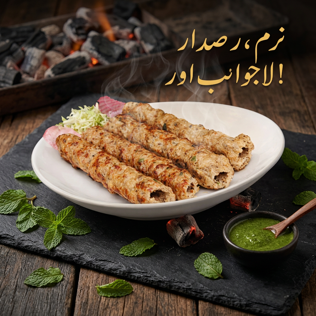 AI Design for “Stylish food poster featuring golden-brown Reshmi Kababs with steam rising, dark textured background, glowing embers, and elegant Urdu tagline ‘Narm, Rasdar, aur Laajawab!’ Add mint leaves and chutney bowl for freshness. Premium typography, vibrant color balance, 1080×1350 layout.”
