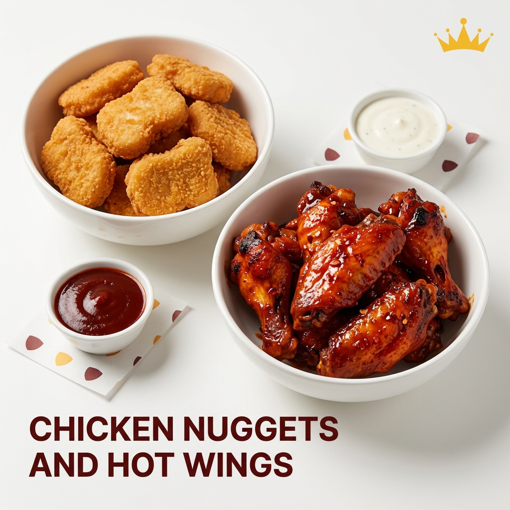 AI Design for chicken nuggets and hot wings

The attached logo reference is the selected primary logo. Use it to understand brand identity. Do not place the logo in the generated image unless the user explicitly asks for logo placement.

The attached style guide board shows the brand logo, colors, and visual system. Use it as a brand aesthetic reference.

Make the colors in these exact hex codes: **Primary Color (#fefefe):** **Primary Color (#6a1918):** **Primary Color (#e82926):** **Primary Color (#f5be2e):** **Primary Color (#5f1617):** Do not include the hex numbers in the image itself.