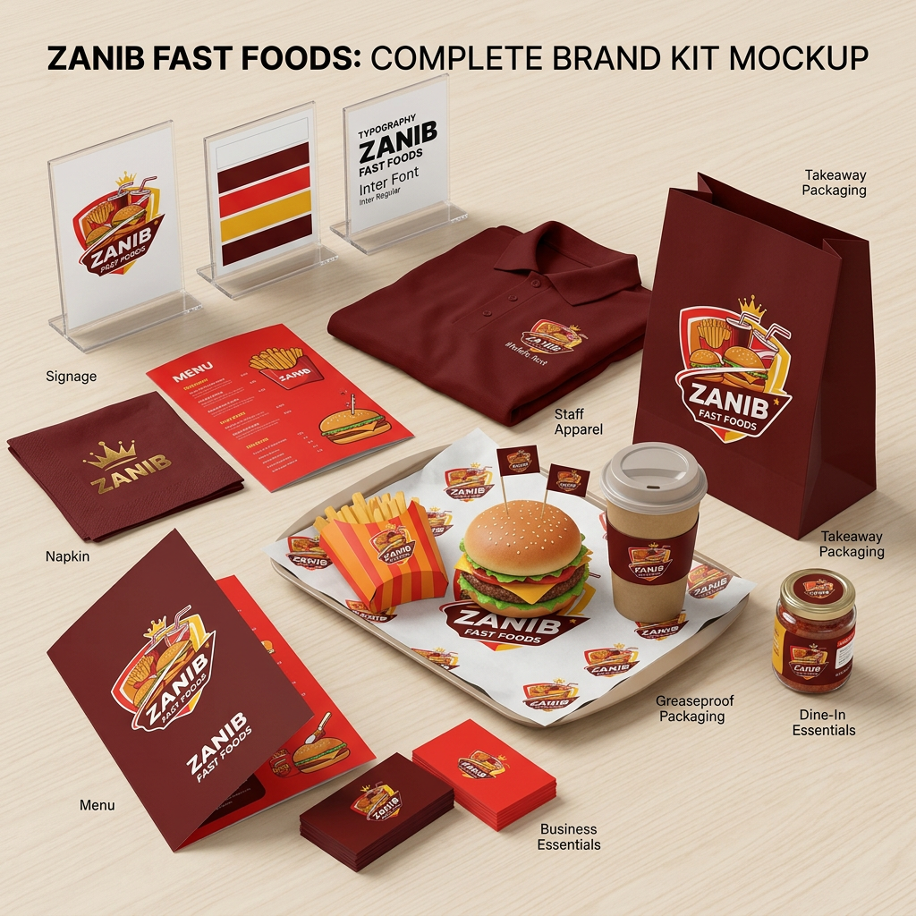 AI Design for is ki complet Brind Kit bnaooo 
with mockup

The attached logo reference is the selected primary logo. Use it to understand brand identity. Do not place the logo in the generated image unless the user explicitly asks for logo placement.

The attached style guide board shows the brand logo, colors, and visual system. Use it as a brand aesthetic reference.

Make the colors in these exact hex codes: **Primary Color (#fefefe):** **Primary Color (#6a1918):** **Primary Color (#e82926):** **Primary Color (#f5be2e):** **Primary Color (#5f1617):** Do not include the hex numbers in the image itself.