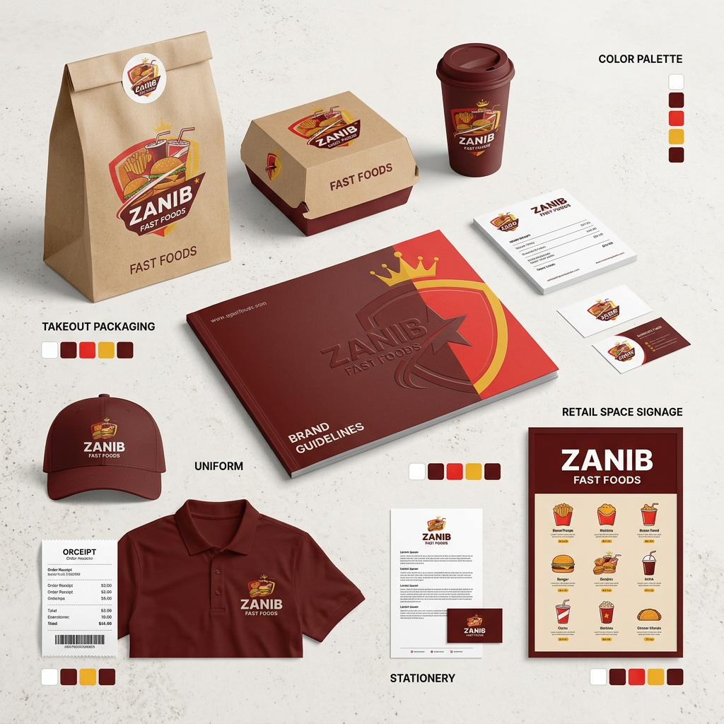 AI Design for is ki complet Brind Kit bnaooo 
with mockup

The attached logo reference is the selected primary logo. Use it to understand brand identity. Do not place the logo in the generated image unless the user explicitly asks for logo placement.

The attached style guide board shows the brand logo, colors, and visual system. Use it as a brand aesthetic reference.

Make the colors in these exact hex codes: **Primary Color (#fefefe):** **Primary Color (#6a1918):** **Primary Color (#e82926):** **Primary Color (#f5be2e):** **Primary Color (#5f1617):** Do not include the hex numbers in the image itself.