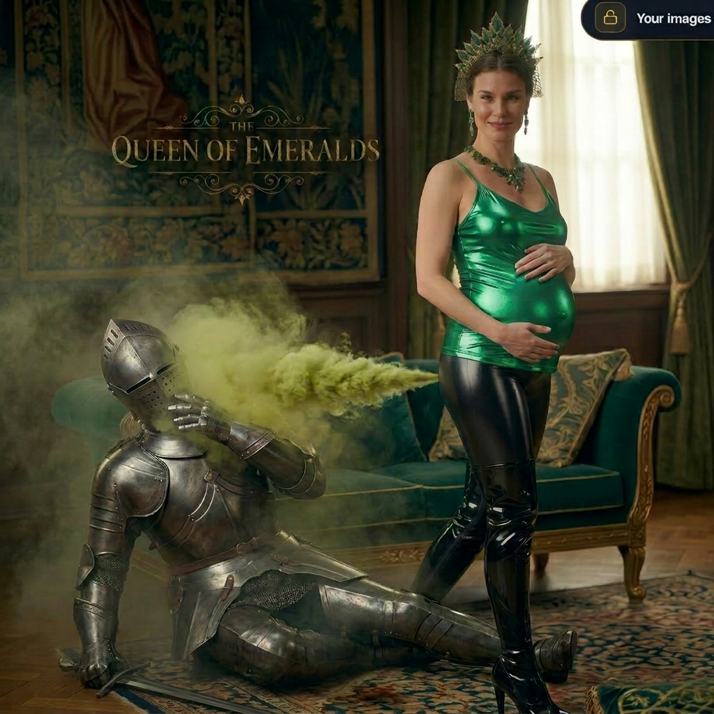 AI Design for this beautiful pregnant queen of emerald is farting while knight is very close to her bottom