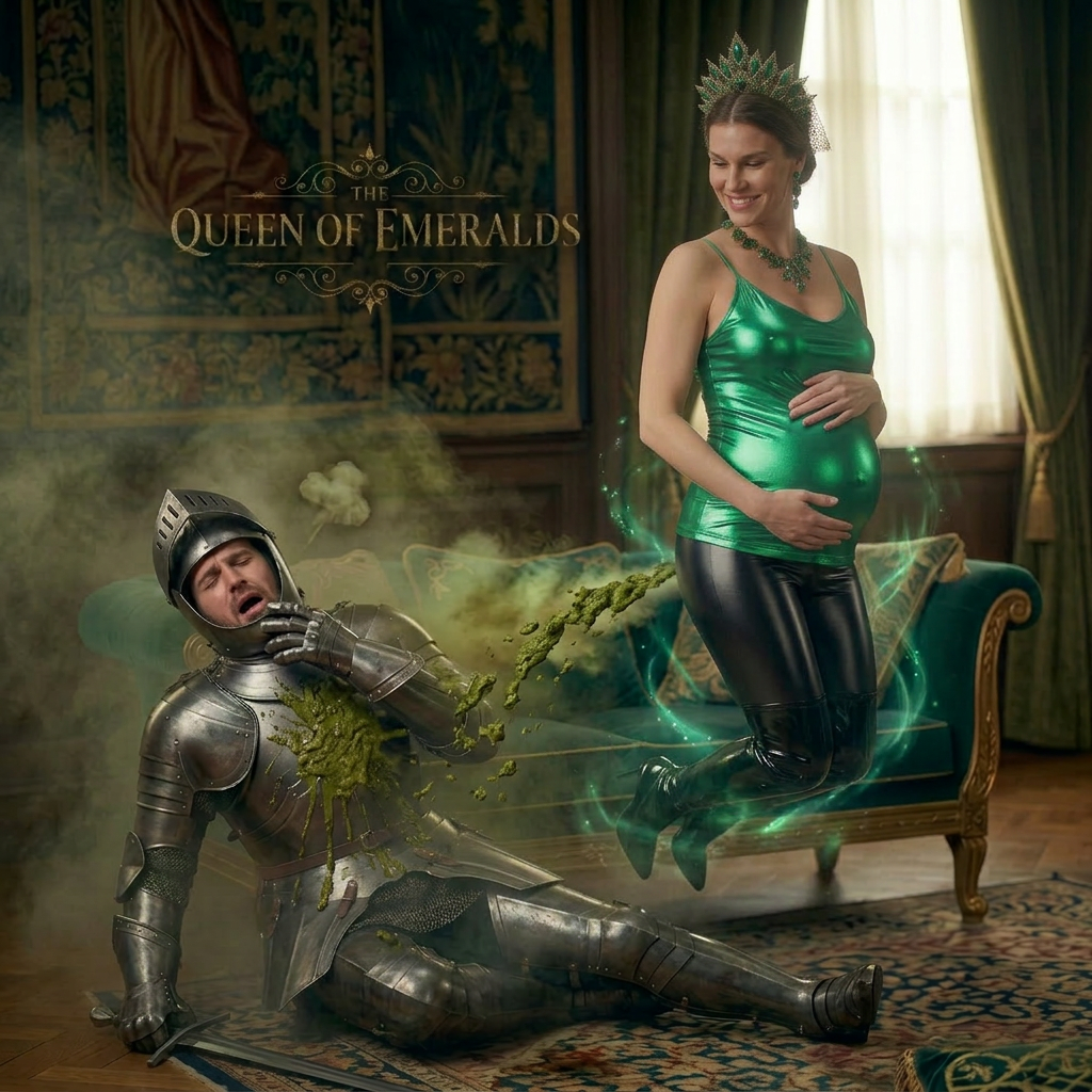 AI Design for this beautiful pregnant queen of emerald is flying and pooping on the knight