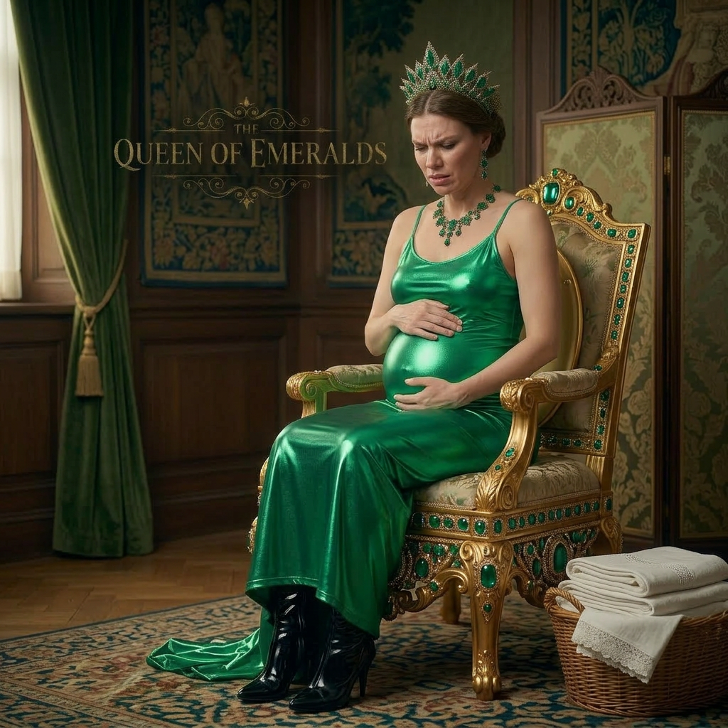 AI Design for this beautiful pregnant queen of emerald is not feeling well while pooping