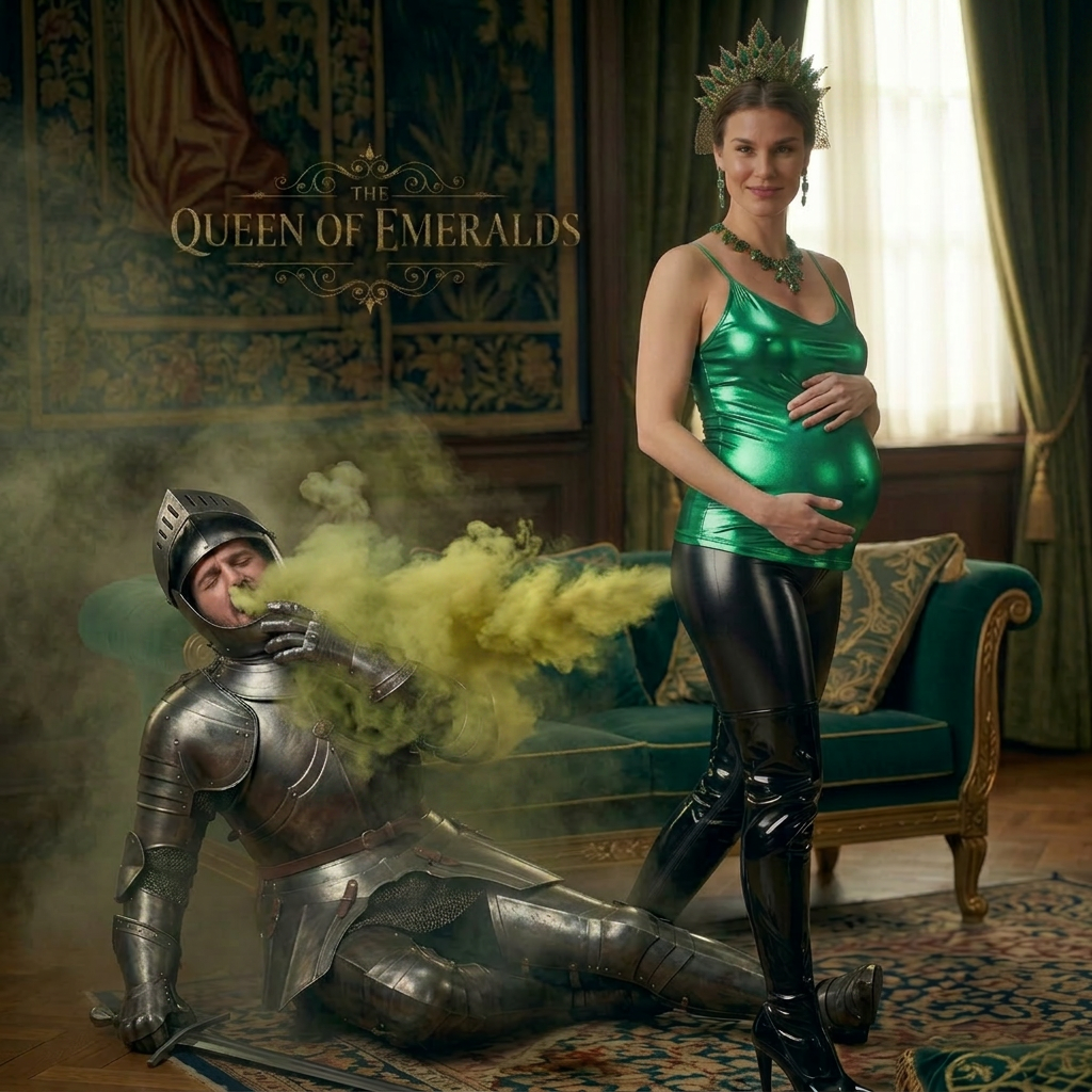 AI Design for this beautiful pregnant queen of emerald is doing fart punishment